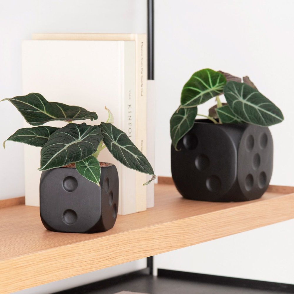 vaso cachepot preto grande em formato de dado ambientada