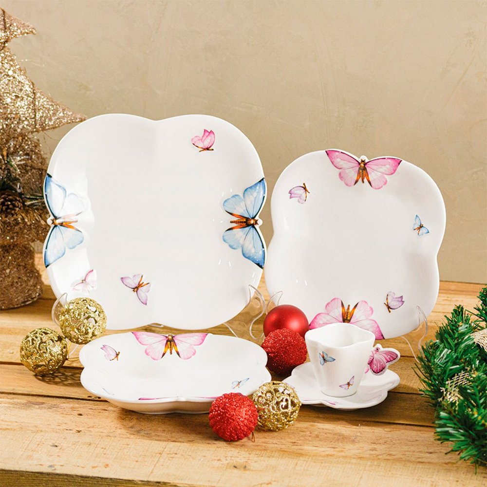 conjunto de 06 pratos rasos em porcelana borboletas 24 cm 2