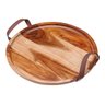 01 bandeja redonda em madeira com alca de couro grande