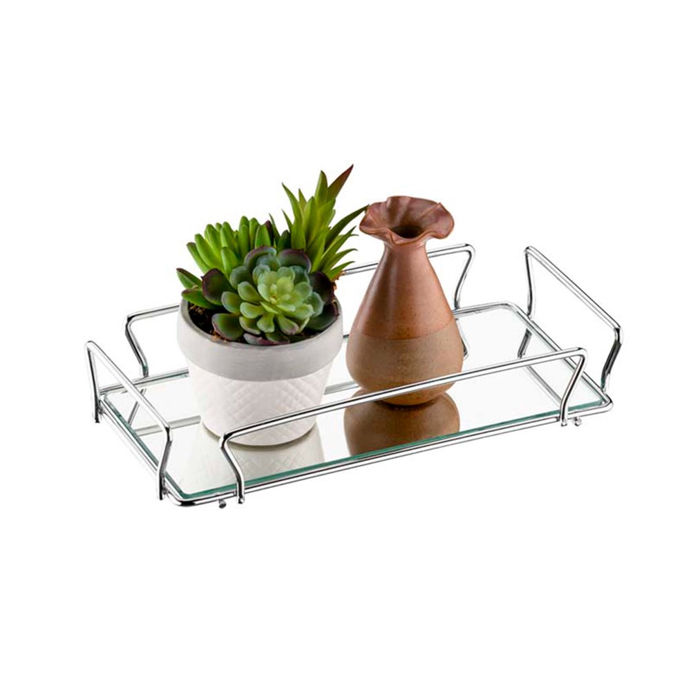 02 bandeja espelhada retangular bromelia media cromado