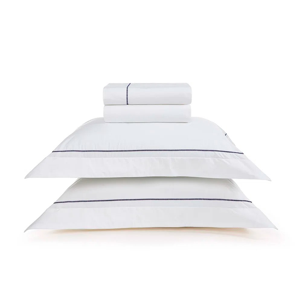 01 jogo de cama trussardi 200 fios 100 algodao cammillo branco e marinho casal