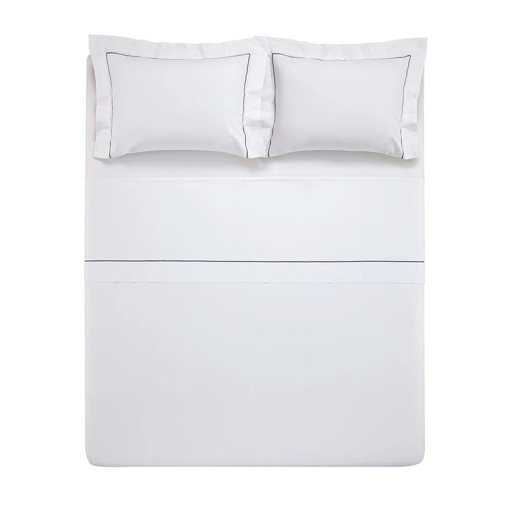 02 jogo de cama trussardi 200 fios 100 algodao cammillo branco e marinho casal