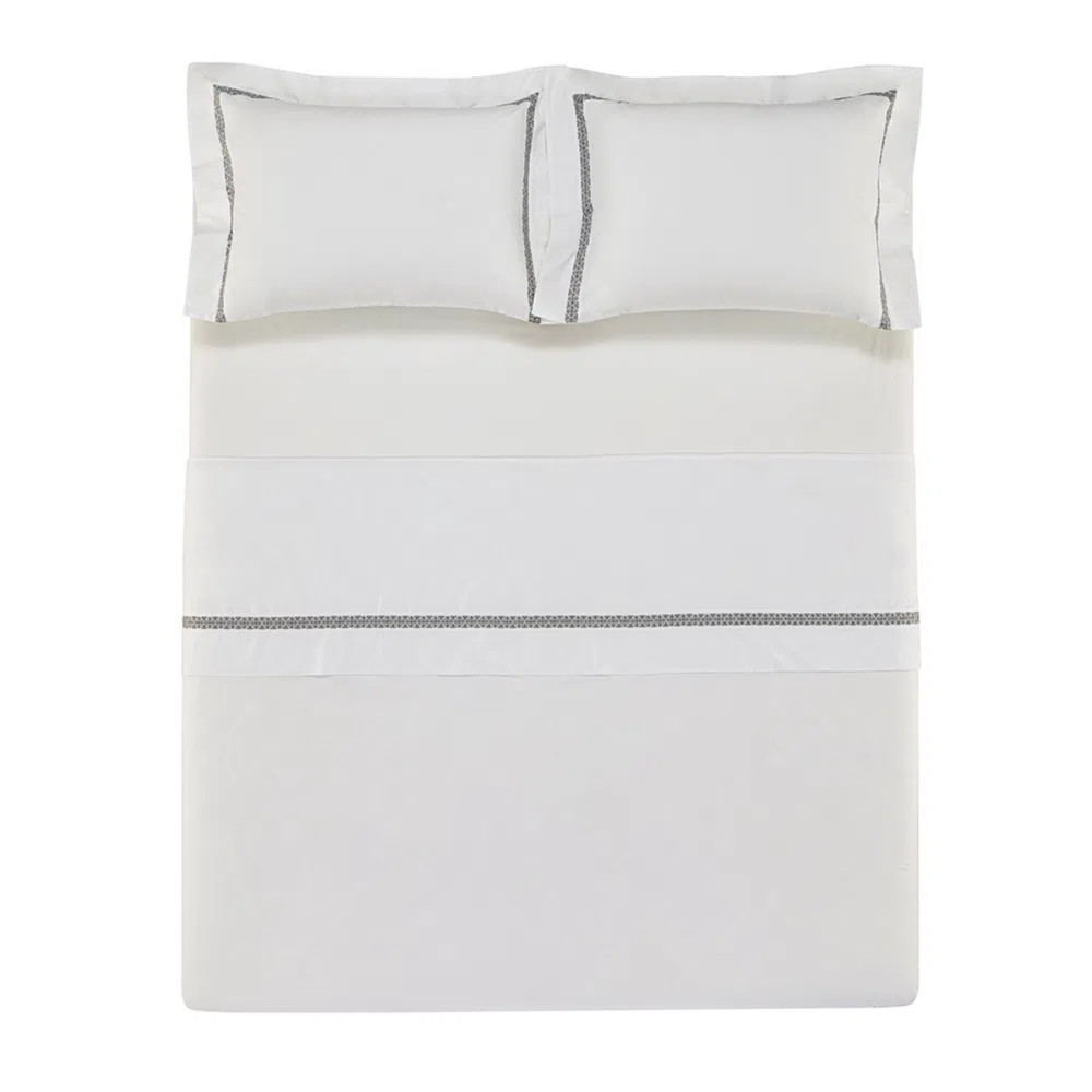 02 jogo de cama trussardi 200 fios 100 algodao ravizza branco e ardozia queen