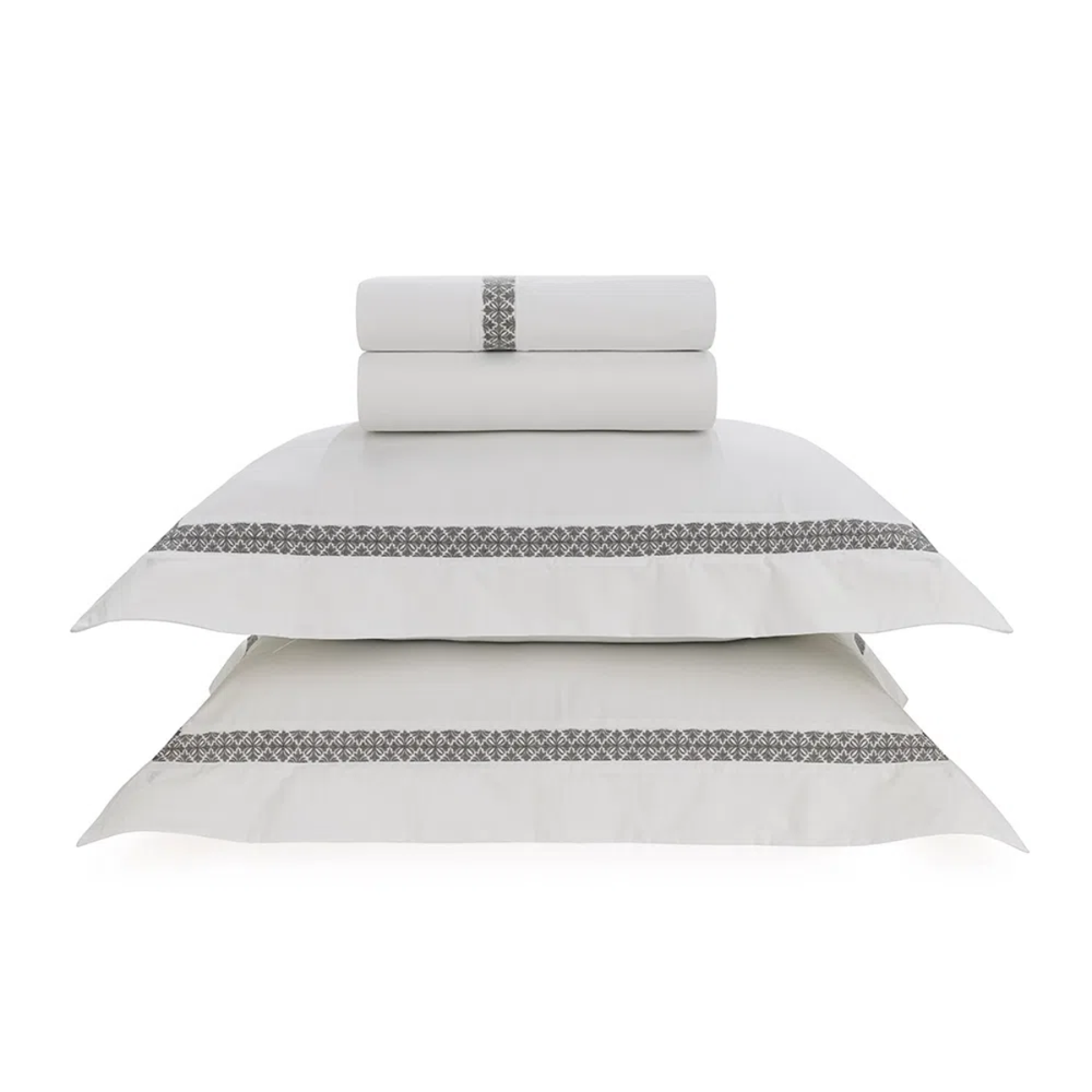 03 jogo de cama trussardi 200 fios 100 algodao ravizza branco e ardozia queen
