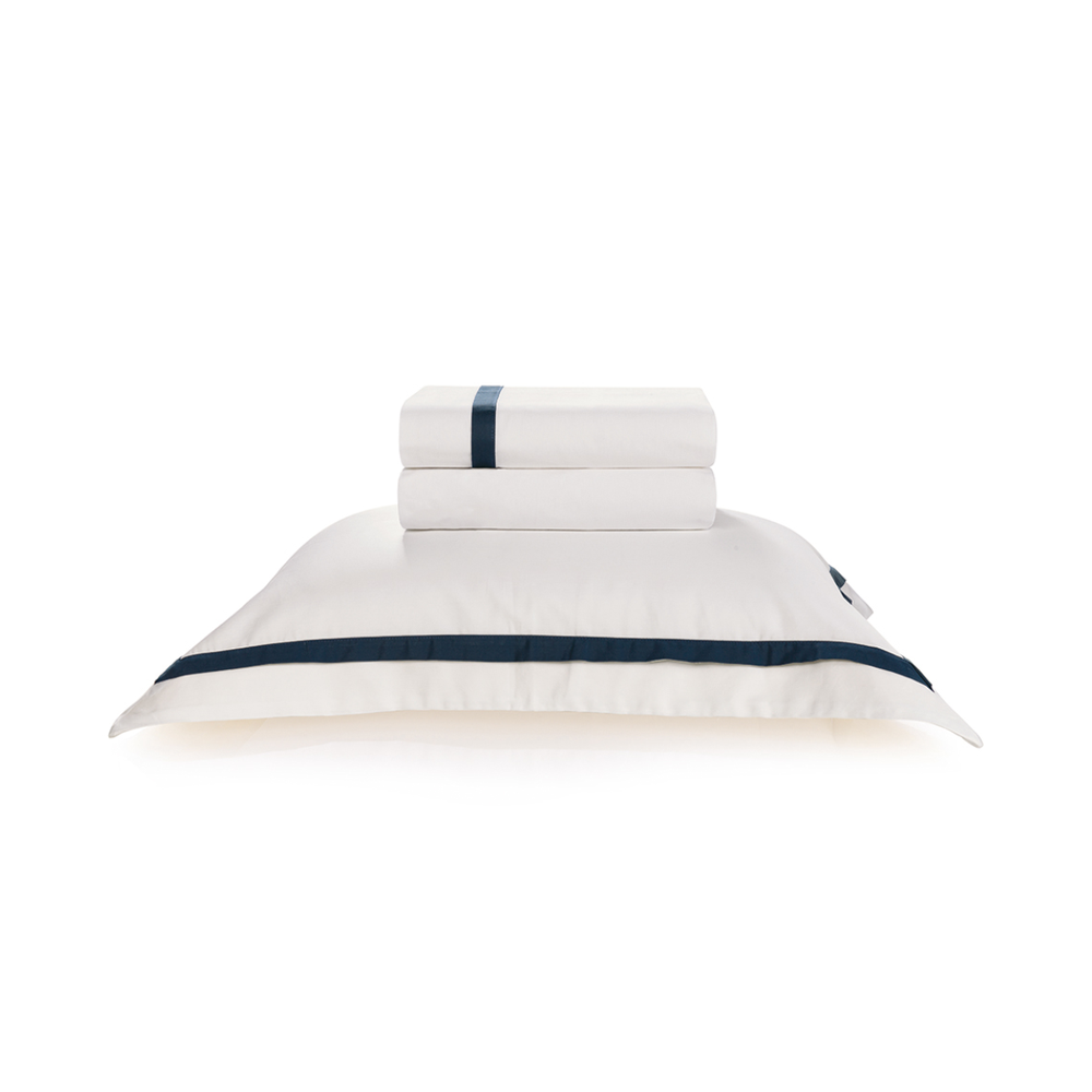 04 jogo de cama trussardi 300 fios 100 algodao egipcio vercelli branco e marinho solteiro